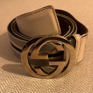 Gucci Web Belt with G Buckle in Rare Blue and Cremé Striped Colorway